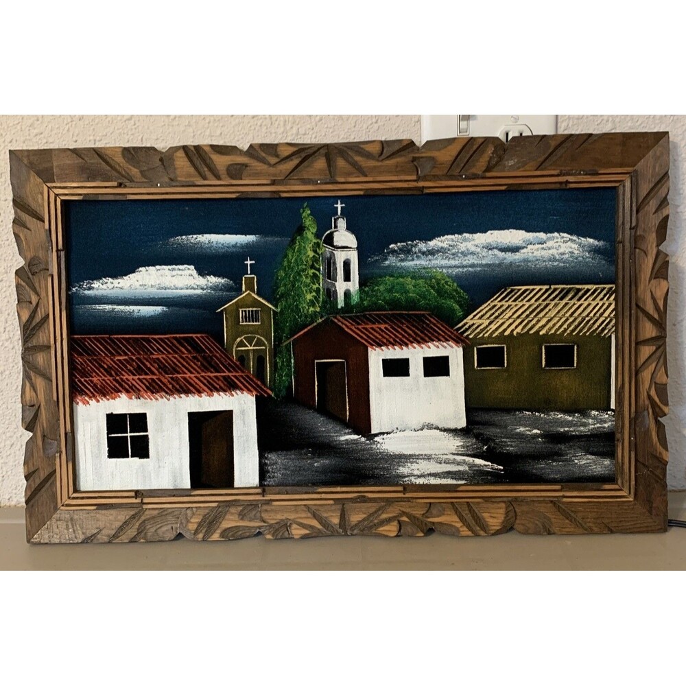 Black Velvet Painting in Frame ~ Landscape Scene w/Church & Town ~Mexico Vintage